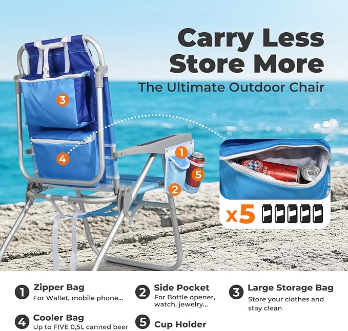 Tall Beach Chairs for Adults – 5-Position Reclining Backpack Chair with Large Insulated Cooler &amp Storage Pocket Aluminum Frame Portable for Travel &amp Outdoor Supports 300lbs Wave Blue
