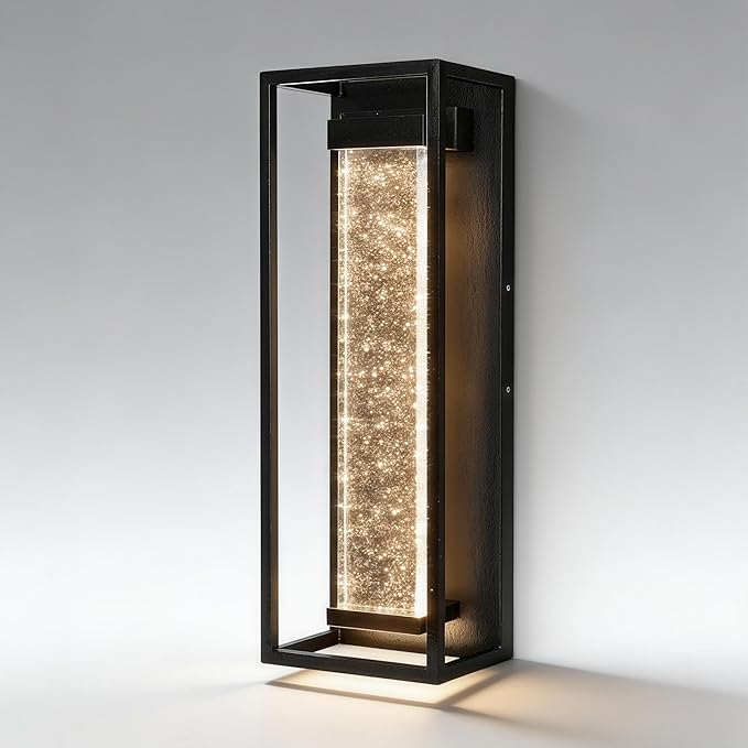 16 Inch Modern Outdoor Wall Sconce Matte Black Waterproof Exterior Wall Light with Metal Frame and Crystal Bubble Glass LED 3000K Warm White Lantern for Porch Garage Patio Lighting (1 Pack)
