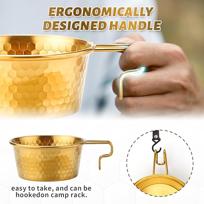 Camping Sierra Cup Set fo 2 304 Stainless Steel Stackable Portable 450ML Sierra Bowl Cup for Camping and Hiking With Free Travel Bag (Gold &amp Silver)
