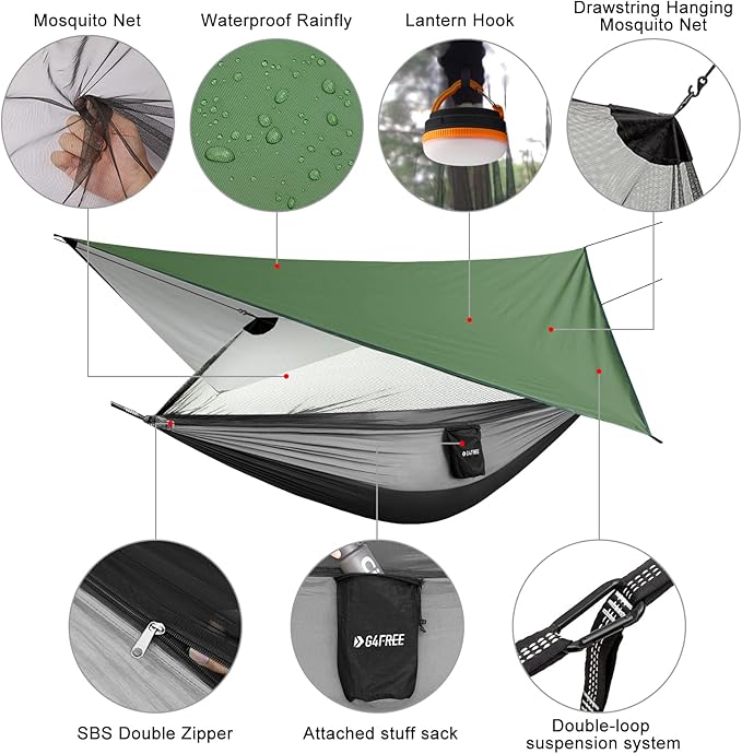 G4Free Large Camping Hammock with Mosquito Net 2 Person Pop-up Parachute Lightweight Hanging Hammocks + G4Free Camping Hammock with Net and Rain Fly 2 Person Lightweight Portable Hammock Tent