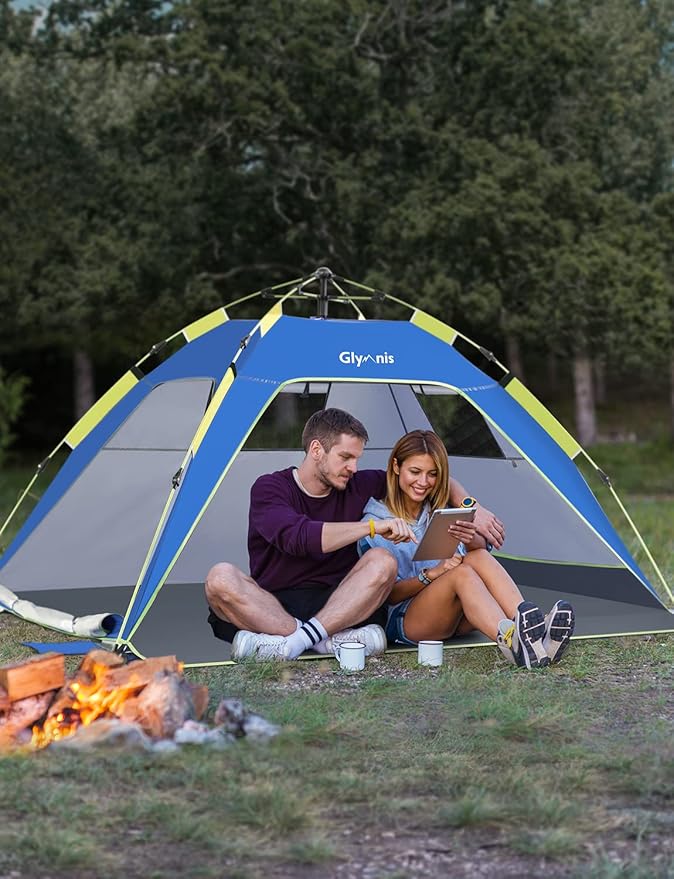 Glymnis Pop Up Beach Tent Sun Shade Shelter for 3-4 Person with UPF 50+ Lightweight &amp Easy Setup Vent Windows &amp Zippered Door Extended Floor Family Instant Beach Tent