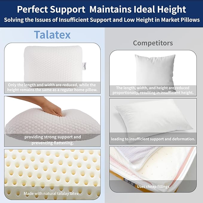 Talatex 100% Natural Premium Talalay Latex Travel Pillow Camping Pillow Small Camping Pillow with Compressible Stuff Sack No Memory Foam Chemicals with Washable Cover (Medium Latex 1)