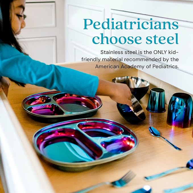 Ahimsa Stainless Steel Kids Dinnerware Set Pediatrician Designed 5 Piece Toddler Plates and Bowls Set Stainless Steel Divided Plate Cup and Kids Utensils Blue