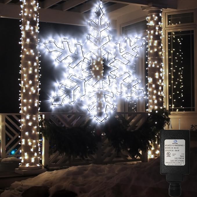 DBFAIRY 27 Christmas Big Snowflake Lights Mains Powered Window Hanging Lights Christmas Snowflakes Light16.8Ft Long Cable Festive Decor for Porch Wall Window Decor