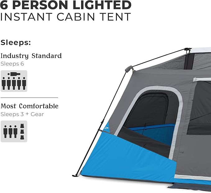 CORE Instant Cabin Tents with LED Lights | 6 Person / 9 Person / 12 Person Family Multi Room Lighted Pop Up Tents for Camping | Included Storage Pockets for Camping Accessories