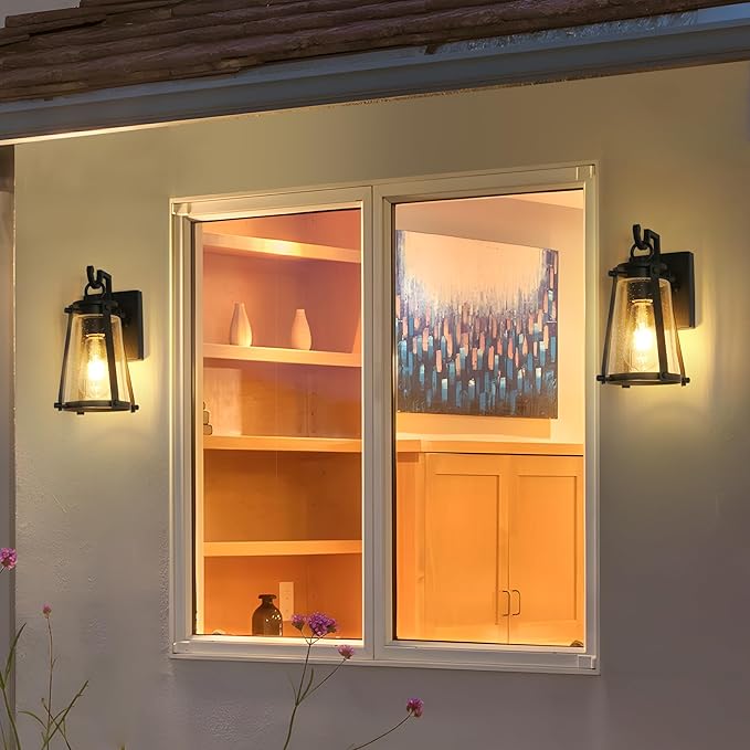 Outdoor Wall Lantern Light Fixture Black Exterior Wall Mounted Sconces with Seeded Glass Farmhouse Anti-Rust Porch Lights for Front Door Garage Entry Porch Patio and Gazebo