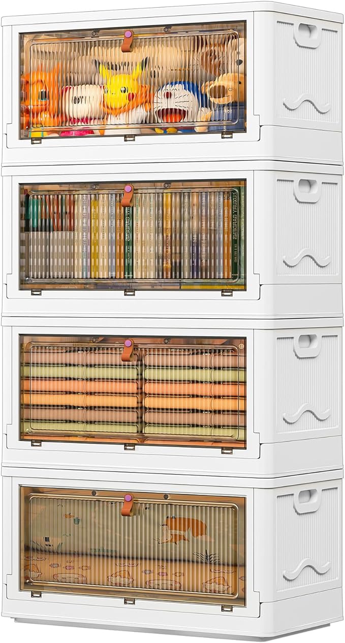 4 Tier Storage Bins with Lids 102QT Stackable Storage Containers with Wheels Folding Boxes Extra Large Collapsible Bins White
