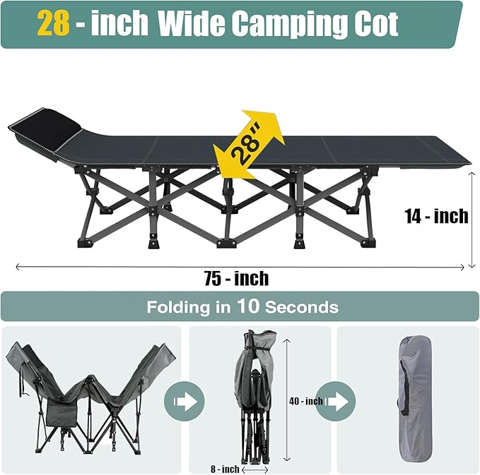 Heavy Duty Camping Cot for Adults with Mattress 10-Leg Portable Folding Cot Bed Extra Stable Sleeping Cot for Camping Travel Tent &amp Indoor Guest Use 500 lbs Capacity (C-Gray&ampbiue)