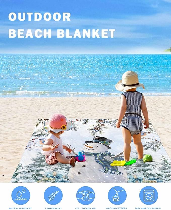 Beach Blanket Waterproof Sandproof Oversized Watercolor Winter Snowman Squirrel Beach Mat with Corner Stakes Sand Pockets Christmas Bird Outdoor Picnic Mat for Travel Camping Hiking 83x79In