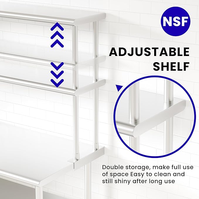 Double Overshelf of Stainless Steel 12'' x 72'' Commercial 2 Tier Shelf for Prep &amp Work Table in Restaurant Home and Kitchen (12x72)
