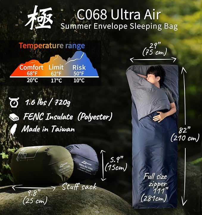 Litume Compact Sleeping Bag 68°F-50°F 1.6lbs Combinable Lightweight Portable Packable sleep sacks for Adults for Backpacking Camping Hiking Travel Family with Stuff Sack 3 seasons Velvet lined