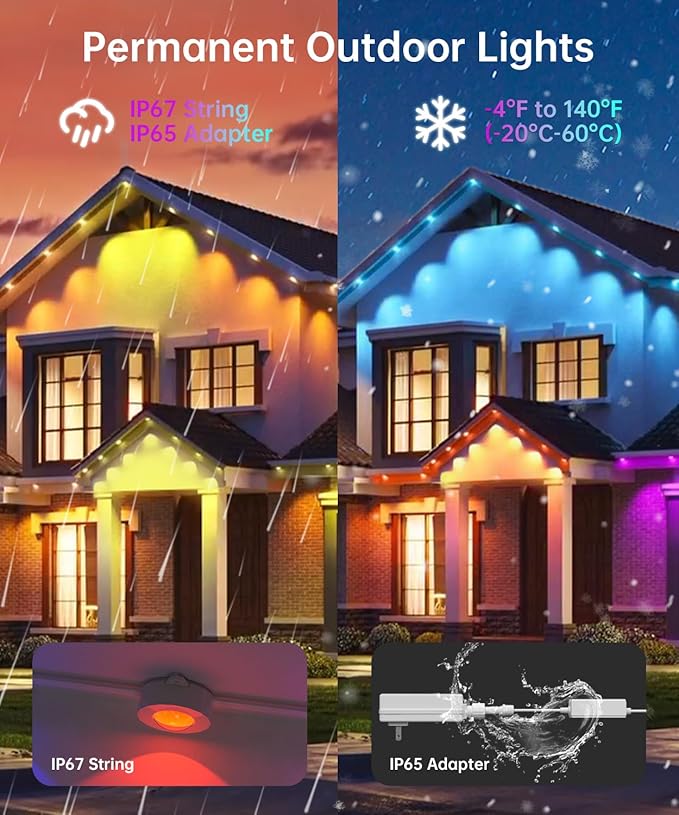 Smart Permanent Outdoor Lights 100ft with 72 LED RGB String Lights IP67 Waterproof Eaves Light with 44 Scene Modes for Halloween Christmas Birthday Holiday Party APP/Voice/Remote Control