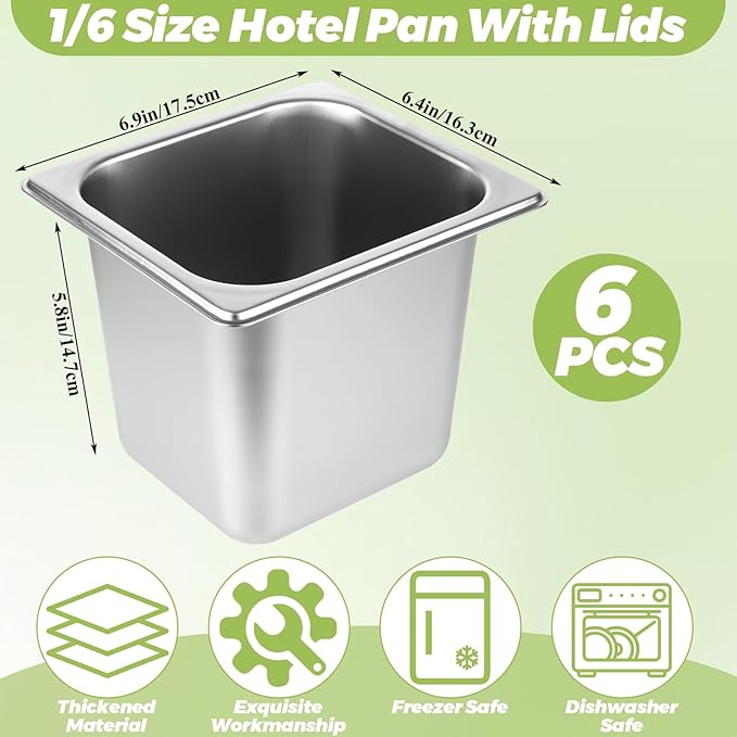 6 Set Stainless Steel Hotel Pans 1/6 Size 6 Inch Deep with Lids Steam Table Pans with Lids 1/6 Size 6 Inch Deep Stainless Steel Restaurant Pan Metal Food Pan with Lid for Hotel Buffet Home