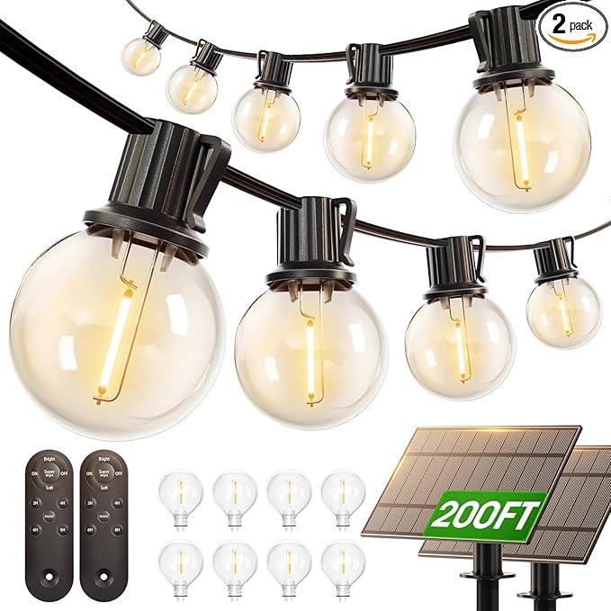 addlon 200FT(2 Pack*100FT) Solar String Lights Outdoor Waterproof with Remote Dimmable Commercial Grade Solar Powered String Lights with 108 LED Bulbs Hanging Light for Backyard Party Decor