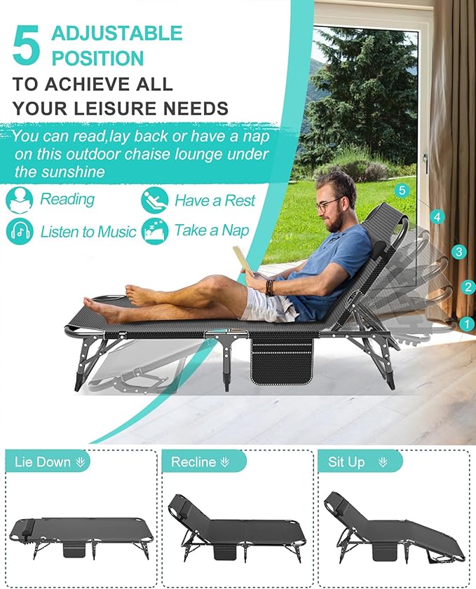 ABORON 3-in-1 Folding Patio Lounge Chair 440LB Heavy-Duty Tri-Fold Guest Bed with Plush Cotton Cushion No Assembly Adjustable Recliner for Office Nap Patio Sunbathing Poolside &amp Camping
