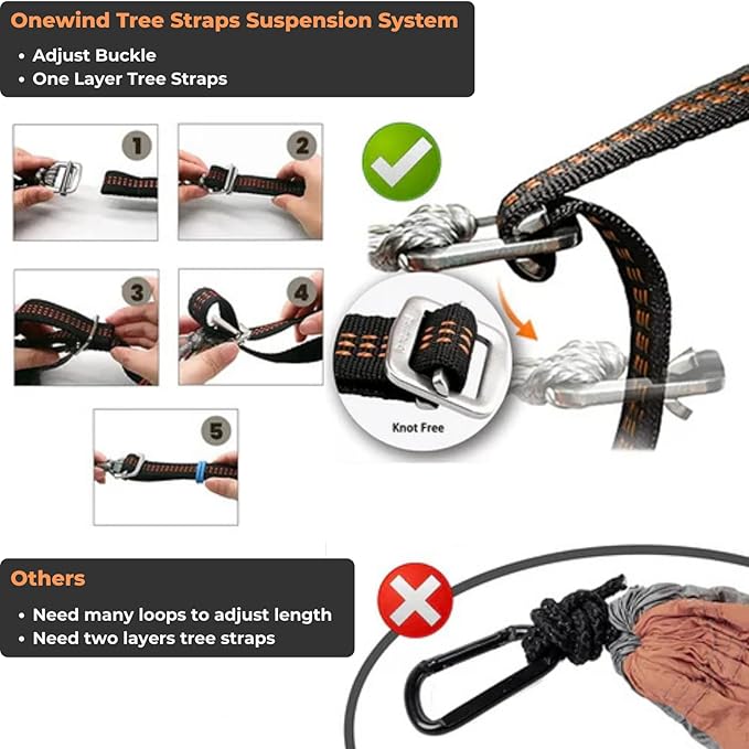 Onewind 11ft Ultralight Camping Hammock Portable Hammock 40D 1.7oz Nylon Ripstop with 2 * 12Ft Tree Straps for Camping Hiking Backpacking 11' x 55 Dark Grey
