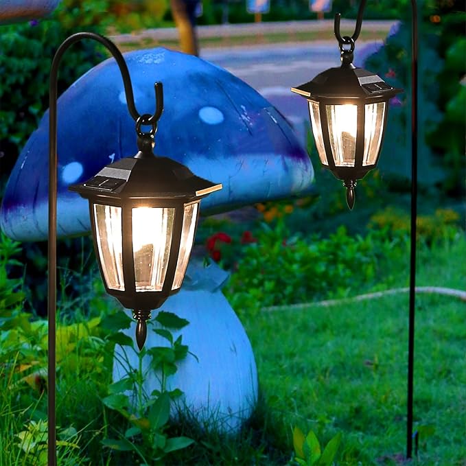 Dynaming 2 Pack Solar Hanging Lights Outdoor Solar Powered Garden Decorative Lanterns with 2 x 38 Inch Shepherd Hooks Waterproof Landscape Lighting for Lawn Patio Yard Pathway Driveway Warm White