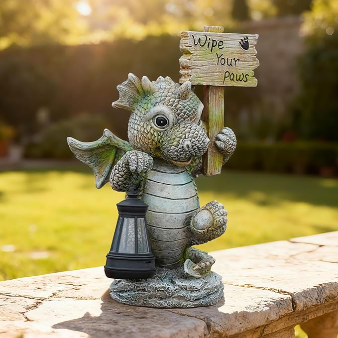 Solar Dragon Garden Statue with Lantern Resin Outdoor Yard Decor Figurine Waterproof Solar Powered Light for Patio Lawn Walkway &amp Front Porch (Dragon)