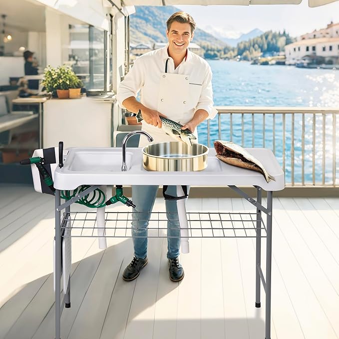 HomGarden 42.4Folding Fish Cleaning Table with Sink Portable Camping with Grid Rack Fish Cleaning Outdoor Fish Fillet Cutting Table with Drainage Hose for Patio Backyard BBQ