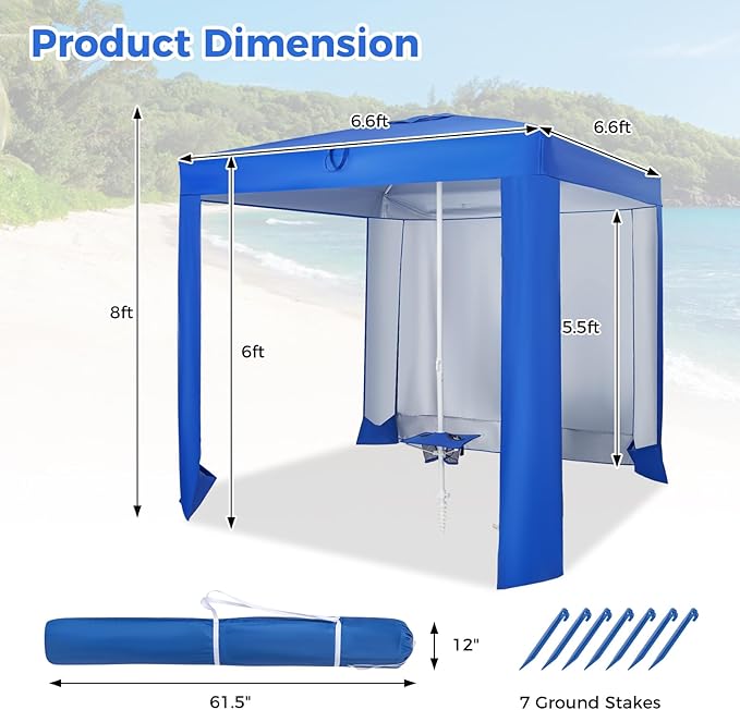 HAPPYGRILL Beach Canopy with Folding Table Outdoor Cabana with Detachable Sidewall Carrying Bag UPF 50+ Protection Sandbags Portable Outdoor Sun Shelter Tent for Beach Backyard
