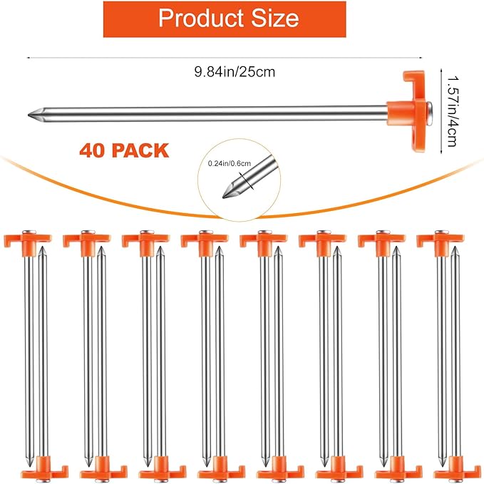 40 Pcs Tent Stakes9.8 Inch Ground StakesHeavy Duty Metal StakeNon-Rust Camping Metal Tent Spikes for Outdoor TripsGardenGrasslandHiking