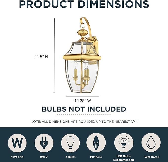 Quoizel Newbury Outdoor Wall Lantern 23 Inch 3-Light Polished Brass Wall Sconce French Country Exterior Wall Lantern Fixture E12 Base Clear Glass Outside Lights for Patio Porch Garage or Yard