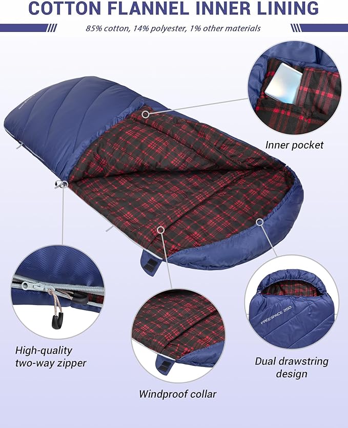 KingCamp Sleeping Bag for Adults Cold Weather &amp Warm Extra Wide Big &amp Tall XL Portable Waterproof Flannel Sleeping Bags Essentials Gear Accessories for Camping Backpacking Hiking Indoor &amp