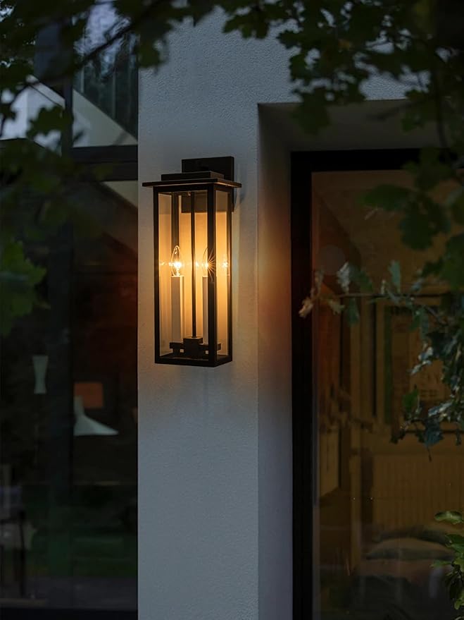 Outdoor Wall Lights Large Porch Lights Fixture Wall Mount Black Exterior Wall Sconce with Clear Glass White Candelabra Waterproof Outside Patio Light Fixture for House Garage