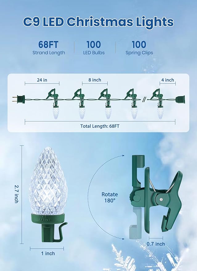 C9 LED Christmas Lights Outdoor 68 Feet 100 LED Strawberry String Lights with 100 Spring Clamps Commercial Grade Waterproof Extendable for Outside Roofline Patio Home Xmas Decoration Pure White