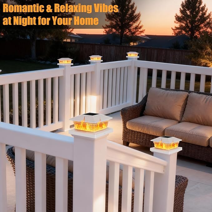 8 Pack Flame Post Solar Lights Flickering Flame &amp Warm Light Solar Lights for Fence Posts Waterproof Deck Post Lights for Porch Garden Yard for 4x4 5x5 6x6 Vinyl/Wooden Posts White