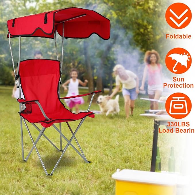 Foldable Beach Canopy Chair Camping Chair Fishing Camp Outdoor Lawn Chair Sun Protection 330LBS Load Folding Camping Canopy Shade Seat with Cup Holder for Beach Poolside Travel Picnic (Red)