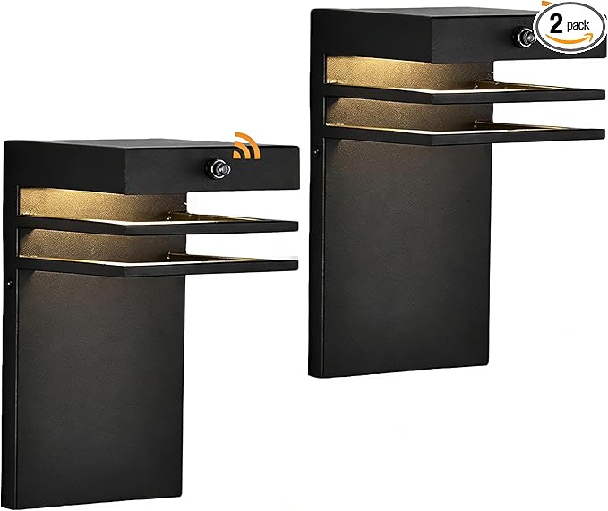 2 Pack Modern Outdoor Wall Light Fixture Dusk to Dawn Sensor - 10W LED 3000K Warm White Black Metal Exterior Sconce - Waterproof Wall Mount Porch/Patio/Garage Light - Hardwired House Light