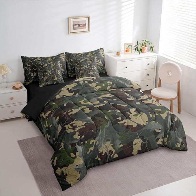 jejeloiu Camouflage Tree Branches 7 Piece Bedding Set for Girls Boys Kids Twin Size Camo Bed in a Bag Room Decor Military Style Comforter Set with SheetsPillowcases &amp Cushion Cover Microfiber