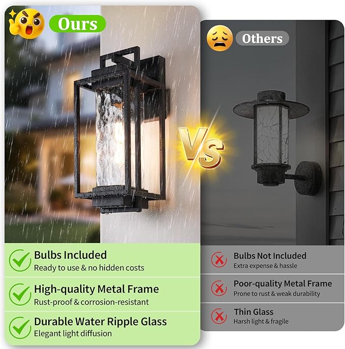 BesLowe 2-Pack Modern Outdoor Wall Lights with 2 LED Bulbs 15’’ Exterior Lighting Fixtures Wall Mount with Water Ripple Glass Black Porch Lights Outdoor Wall Sconces Outside Lights for House Garage