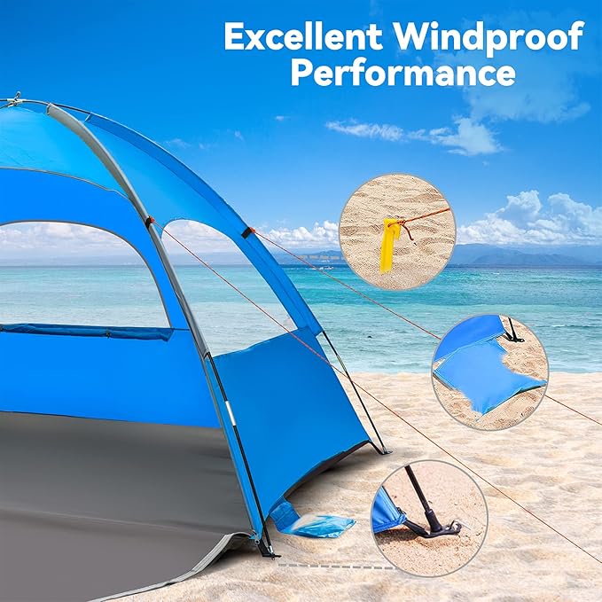 MIRUS Beach Tent 2-3 Person Sun Shade Shelter with UPF50+ Protection Extended Floor &amp 3 Ventilating Roll Up Windows Carrying Bag Stakes and Tiedown Strings | Extended Floor Carrying Bag Stakes