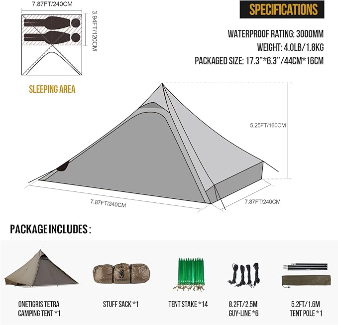 OneTigris Tetra Ultralight Tent Upgraded 1-2 Person Waterproof 3 Season Ideal for Camping Hiking Trekking Backpacking Bushcraft