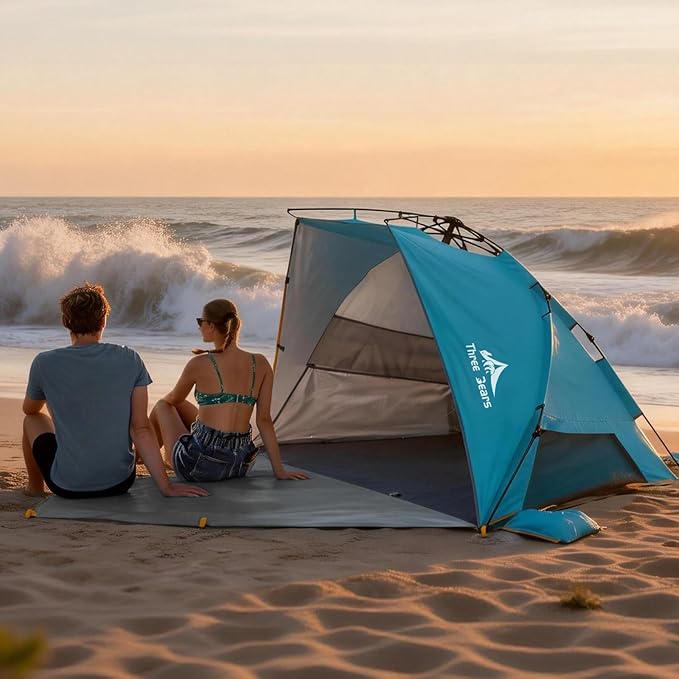 Three Bears Pop Up Beach Tent Sun Shade Shelter for 3-4 Person UPF 50＋ UV Protection Lightweight &amp Easy Setup Beach Shade Canopy Portable Beach Shade Tent Beach Cabana (Blue)