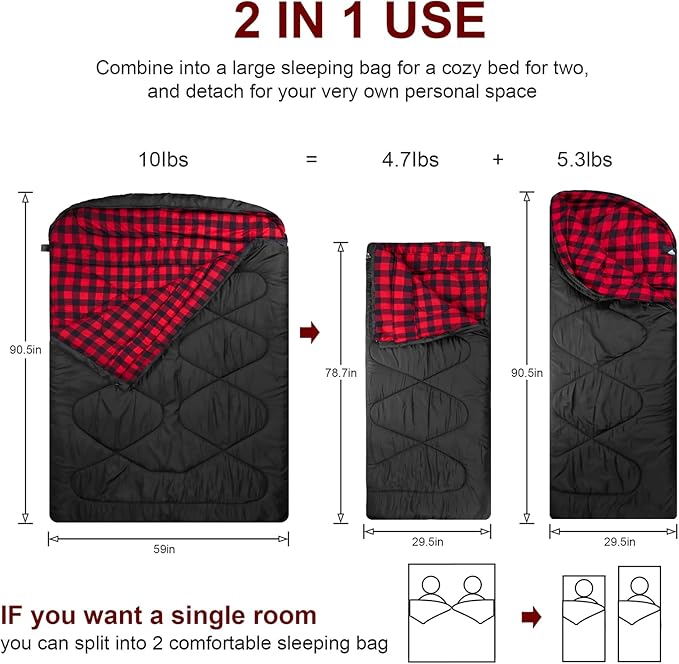 AGEMORE Cotton Flannel Double Sleeping Bags for Adults Cold Weather Waterproof Queen Size Sleeping Bag 2 Person Double Wide Warm Sleeping Bag for Family or Couples Outdoor Camping or RV Traveling