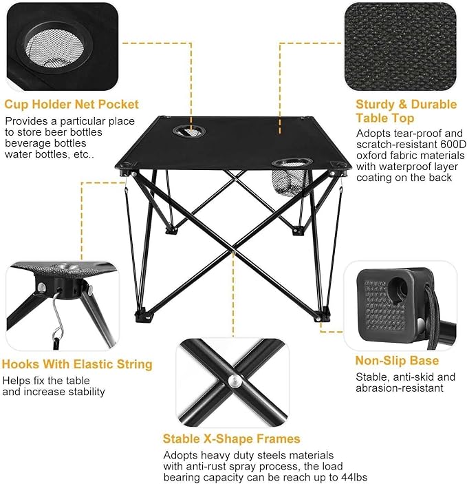 Camping Table Folding Portable Carrying Bag 2 Cup Holders Outdoor Hiking Fishing
