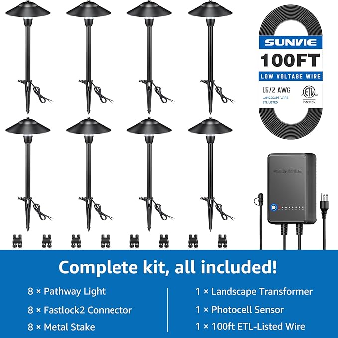 SUNVIE All-in-One LED Pathway Lighting Kit 8-Pack Low Voltage Landscape Lights with Transformer and 100FT 16/2 AWG Wire 3000K Waterproof Landscape Lighting with Connectors for Walkway Garden Yard