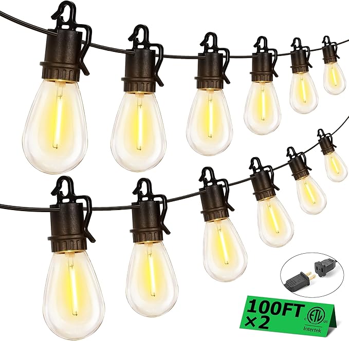 200FT Outdoor String Lights with 104 Shatterproof S14 Vintage Edison Bulbs E12 Sockets2700K Dimmable Outdoor LightsIP55 Waterproof LED String Lights for Outside Patio Garden BackyardBistro
