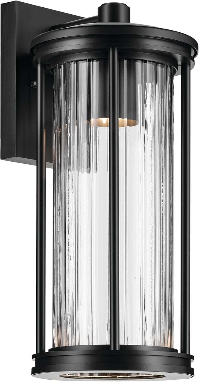 Kichler Barras 16 1-Light Outdoor DarkSky Approved Wall Sconce with Clear Ribbed Glass in Black Vertical Mount (16 x 7.25) 59023BKDS