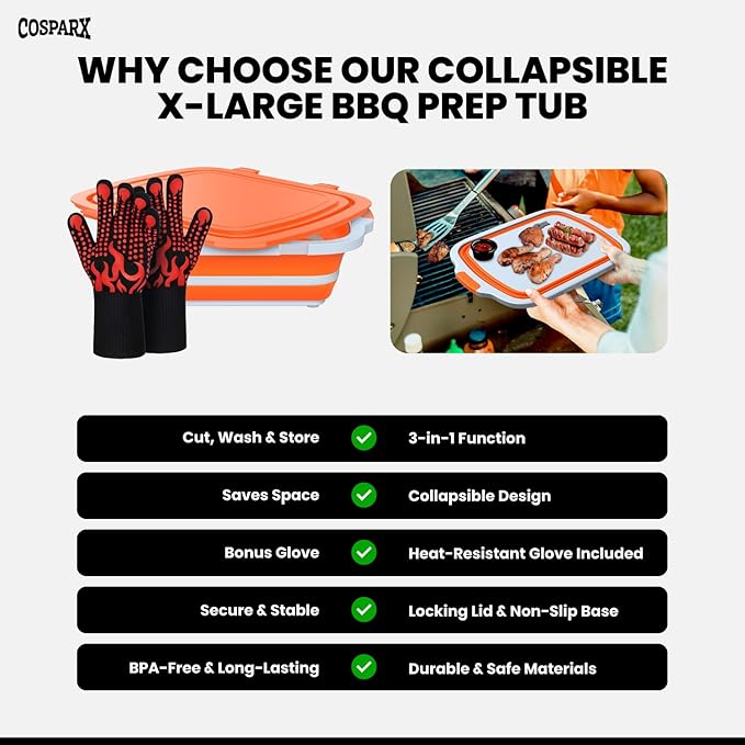 XL Collapsible BBQ Prep Tub with Cutting Board &amp Drain Plug – Portable Food Prep Station for Kitchen Camping &amp Grill – Dishwasher Safe Space-Saving Design – Heat-Resistant Glove Included (Or