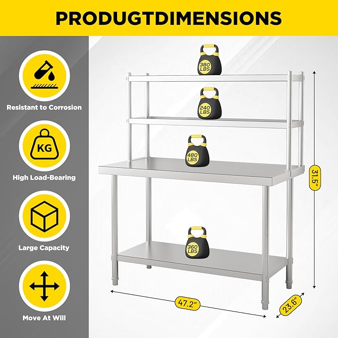 2-Tier Stainless Steel Work Table with Overshelves 47.2 W x 23.6 D x 31.5 H Heavy Duty Commercial Kitchen Prep Table for Restaurant Home Garage Warehouse