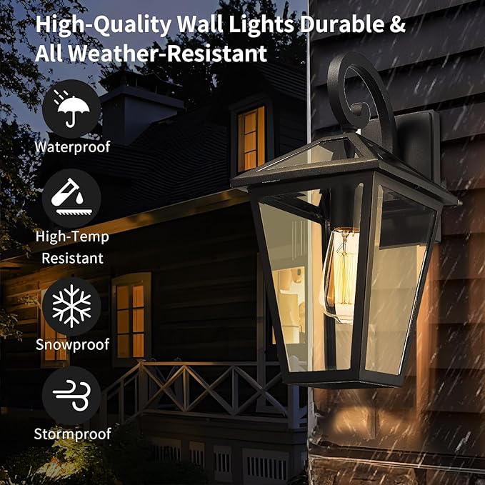 Outdoor Wall Light Fixtures Waterproof Exterior Wall Lanterns with Glass Outside Wall Sconces Front Porch Lights for House Garage Doorway Patio 7H1B-M-2PK BK