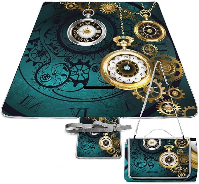 Vintage Steam Punk Clock Art Waterproof Outdoor Picnic Blanket Sandproof Beach Mat for Camping Hiking Grass Travelling