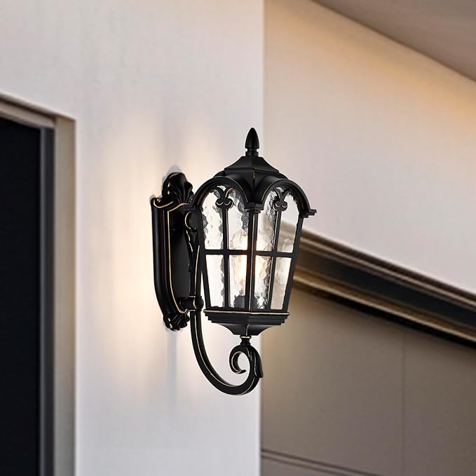 17 Outdoor Wall Light Fixture with Water Ripple Glass – Black Exterior Wall Sconce Waterproof Porch Light for Front Door Patio Garage Outdoor House Lighting