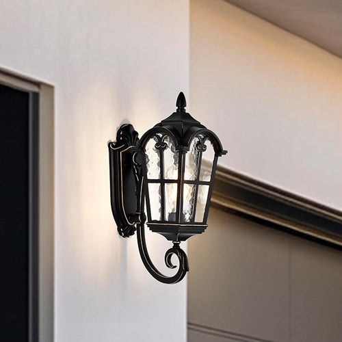 17 Outdoor Wall Light Fixture with Water Ripple Glass – Black Exterior Wall Sconce Waterproof Porch Light for Front Door Patio Garage Outdoor House Lighting