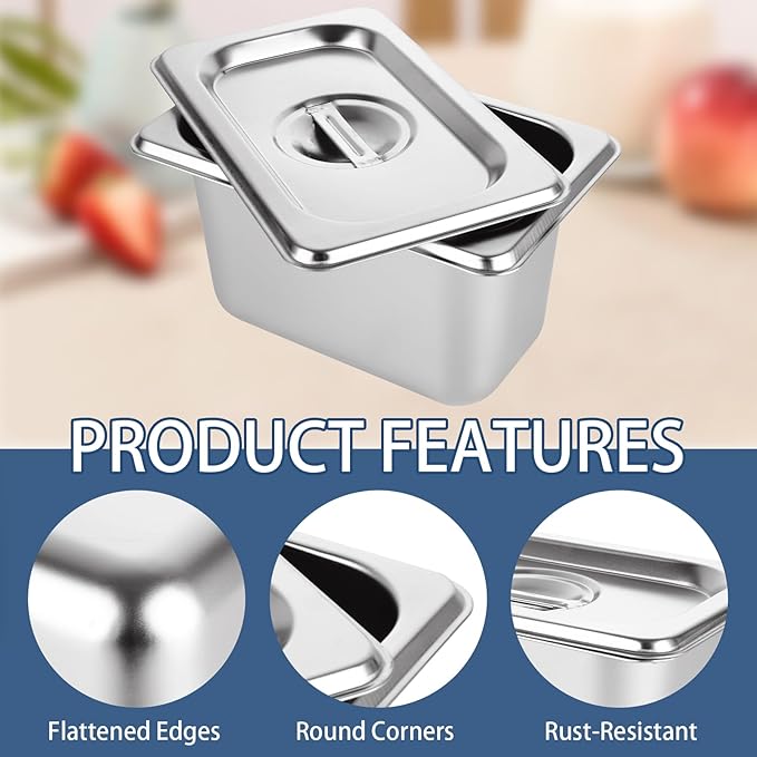 8 PCS Stainless Steel Hotel Pans with Lids 1/9 Size 4 Inch Deep Stainless Steel Steam Table Pan with Lids Metal Food Pans with Lid for Hotel Restaurant Buffet Home