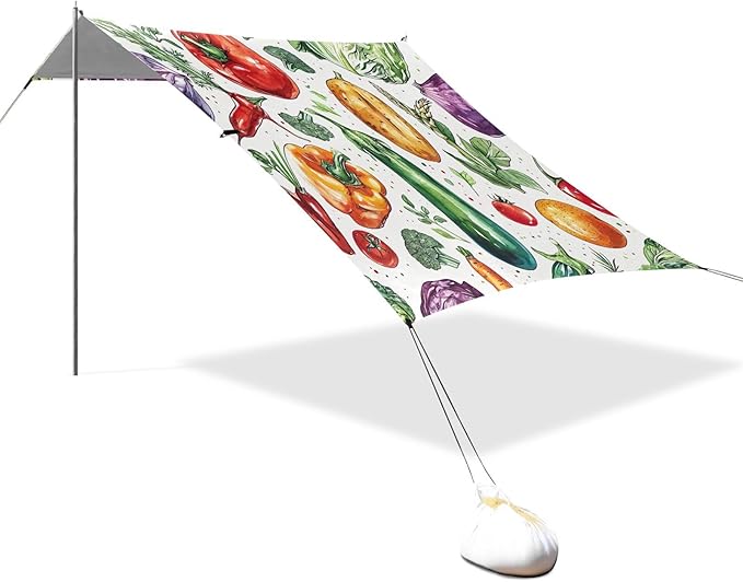 Watercolor Vegetables Beach Tent Sun Shelter 9.2' x 10.5' Beach Canopy with 4 Sandbags 4 Stability Poles Sand Shovels - Tent Canopy for Beach Camping Fishing Picnics